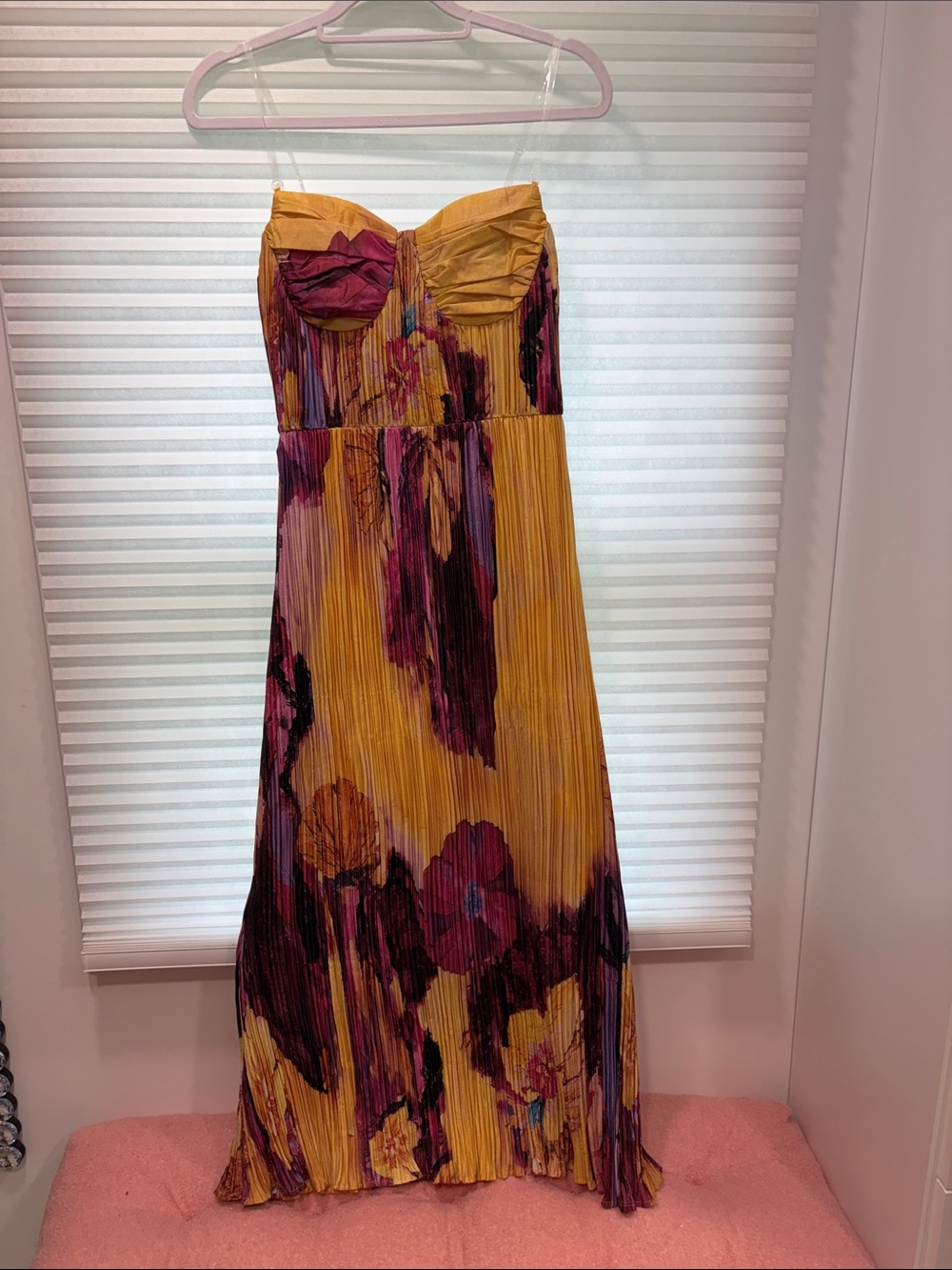 Strapless Floral Pleated Maxi Dress in Mustard and Plum